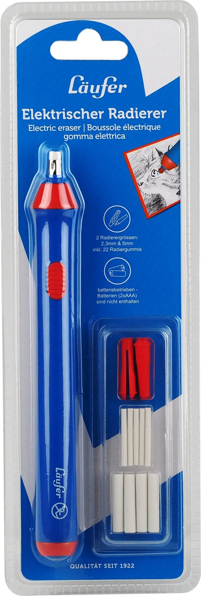Läufer Elektrischer Radierer mit Wechselspitze – Blau inkl. 23 Kunststoff-Radierer