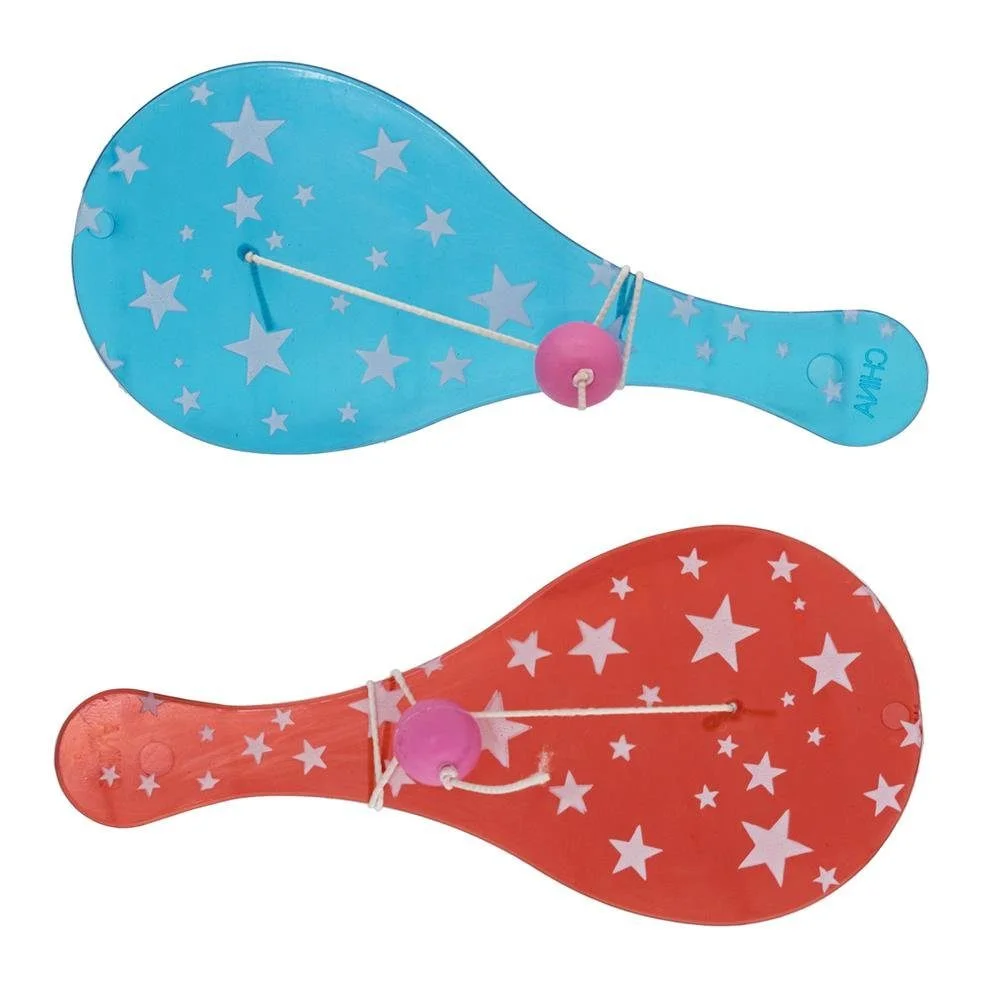 Partyspaß Paddleballs – 4 Stück, mit Kunststoff-Schlägern in rot und blau