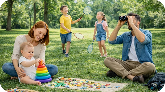 Familie spielt draußen