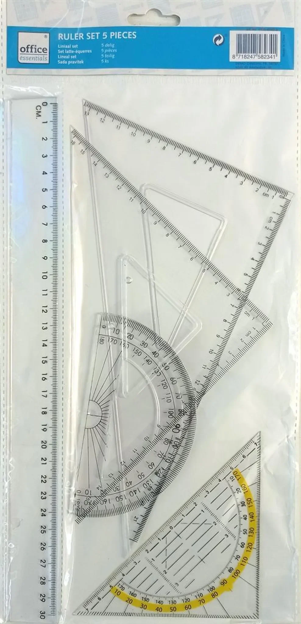 Office Essentials Lineal-Set 5-teilig – Lineal, Geodreieck, 2 Zeichendreiecke, Winkelmesser