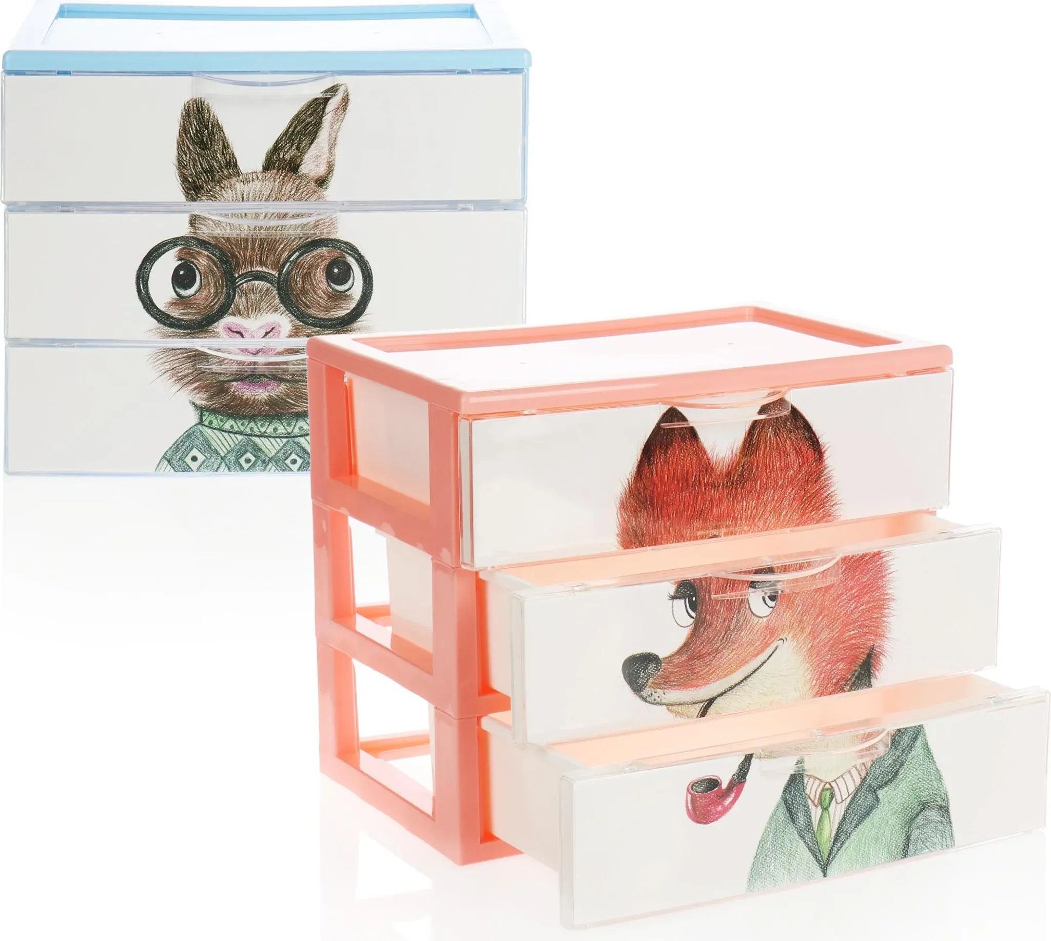 COM-FOUR® 2x Schubladenbox – Kunststoff-Aufbewahrungsbox für Kinder-Spielzeug, Bastelsachen, Stifte mit Tier-Motiven