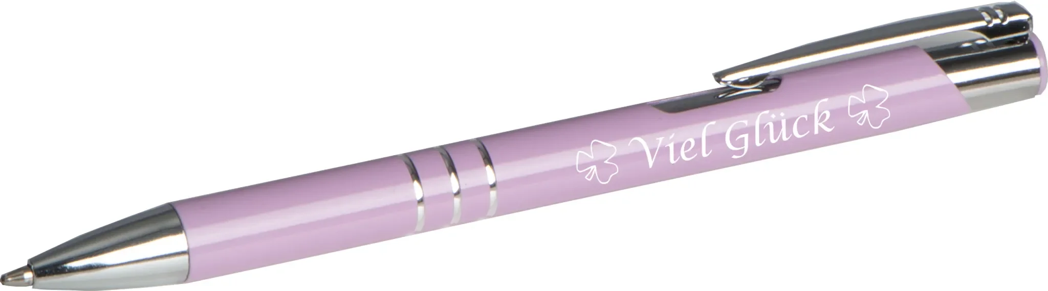 Kugelschreiber aus Metall – Pastell Lila, Graviert mit Kleeblättern und Aufschrift "Viel Glück"