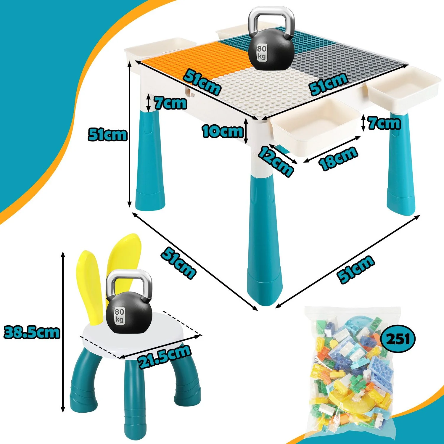 CLANMACY Kindertisch Spieltisch 251 Bausteine